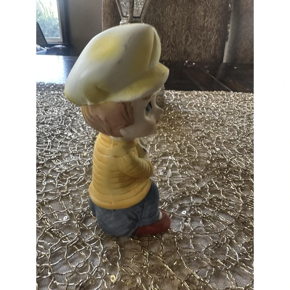 Vintage Korea Boy With Dog Ceramic Figurine Yellow Hat Red Shoes Decor‎ Kitsch